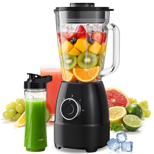 Batidora de Vaso, 1500W Batidora Smoothies, Vaso Batidora con Jarra de Vidrio 1,5L y Botella Tritan 600ml sin BPA, Velocidad Ajustable y Cuchillas de Acero Inoxidable, Licuadora para Zumos y Batidos