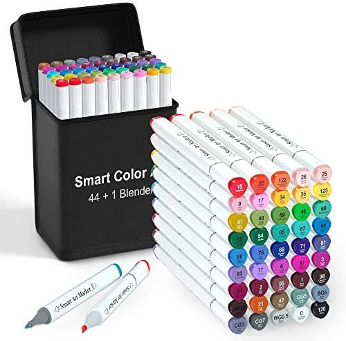 Smart Color Art Art Markers, 44 Coloring Markers and 1 Blender, 45 Pack Alcohol Based Dual Tip Permanent Highlighters with Case, Excellent for Adults Kids Marking Drawing Sketching