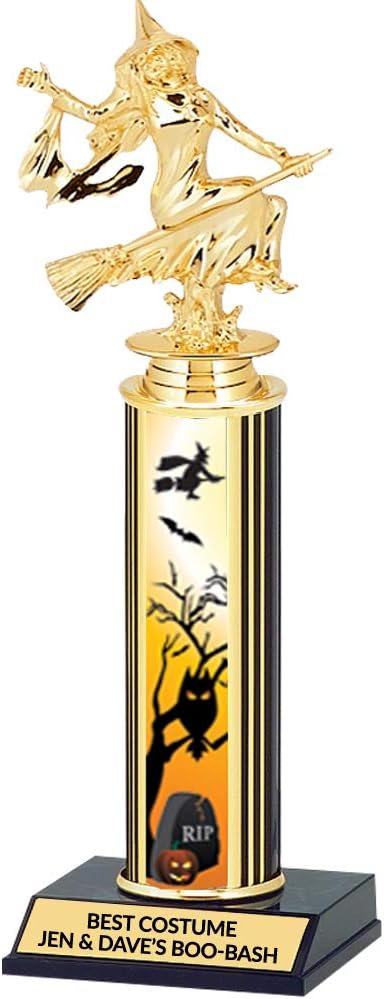 Custom Halloween Trophy, Witch with Haunted Evening Design, Free Engraving & Plate Included, 12 Inches Tall