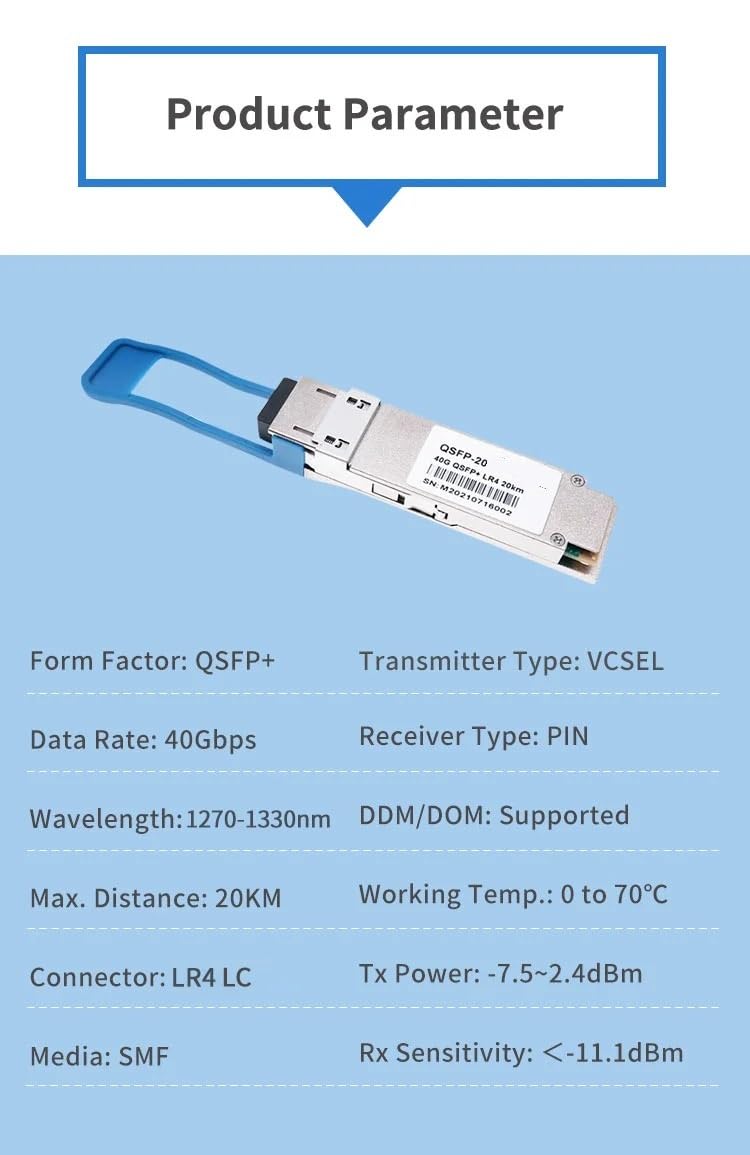 Module SFP fibre optique monomode 40Gbps 1310nm 20km LC QSFP-40GE-LR4 1 pièce