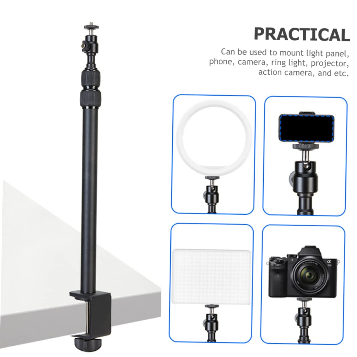 NUOBESTY Supporto da Scrivania per Camera Filettatura 1/4 in Alluminio Nero | Snodo Sferico, Asta Telescopica 38, 5-93, 5cm, Rotazione 360°, per Proiettore e Anello Luminoso