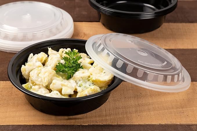 24 Oz Black Microwaveable Pp Teriyaki Bowl With Clear Lid Combo 300/Case