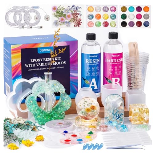 Image of Epoxy Resin Kit with Light for Beginners, 34OZ Epoxy Kit with Dried Flowers, Measuring Cups and Resins Supplies, Resin Kit and Molds Complete Set DIY Crafts for Adults, Epoxy Set with Vase Mold