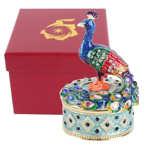 Loinutdbv Caja de almacenamiento de joyería con bisagras con figura de pavo real, elegante adorno decorativo de aleación Zine con plumas pintadas a mano, para tocador y decoración del