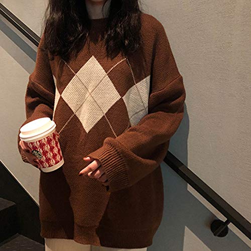 Lunoakvo Women Geometric Pattern Argyle Pullovers Loose Oversized O-Neck Knitted Sweaters Jumper Coffee #TOP3