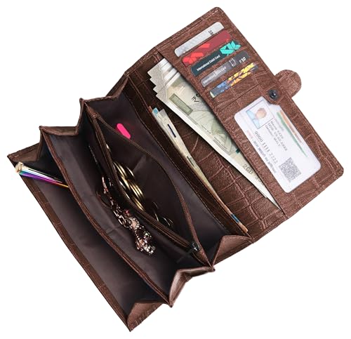 Image of WildHorn Women's Genuine Leather RFID Blocking Wallet | Tri-Fold High-Capacity Ladies Purse with Card Slots, Zipper Coin Pocket & Snap Closure | Ideal Gift for Women (Maroon Croc)