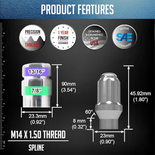 Image of Wheel Accessories Parts 24 Pcs M14x1.50 Thread ET Bulge Acorn 1.80 inch Long Spline Lug Nuts Chrome Truck Spline Hex Fits Silverado 1500 ｜ Ford F-150 ｜Toyota Tacoma (for use with Wheels Spacers)