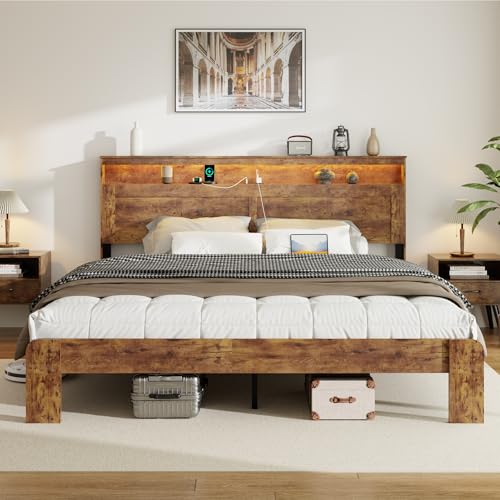 Image of King Size Wooden Bed Frame with Headboard, Rustic Farmhouse Wooden Bedframe with LED Lights and Charging Station, Easy Assembly, No Box Spring Needed (Rustic Brown, King)
