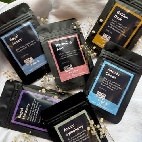 Image of 1950 Origins Tea Sampler Pack 6 Flavours x 10 g, 60 Gram Trial Box | Premium Black Tea | Assorted Tea Pack | Pure Assam and Darjeeling Leaves | 100% Natural Loose Leaf | Rich, Flavourful and Fresh