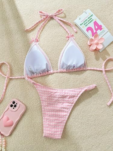Women's Plaid Gingham Bathing Suit High Waisted Halter Triangle Swimsuit Bikini Set2