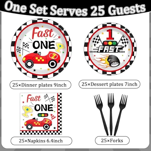 Image of Fast One Birthday Decorations for Boys Racing Car 1st Birthday Party Supplies Fast One Plates Napkins Forks Checked Race Car Disposable Paper Plates Tableware Set for Kids Favors Serve 25
