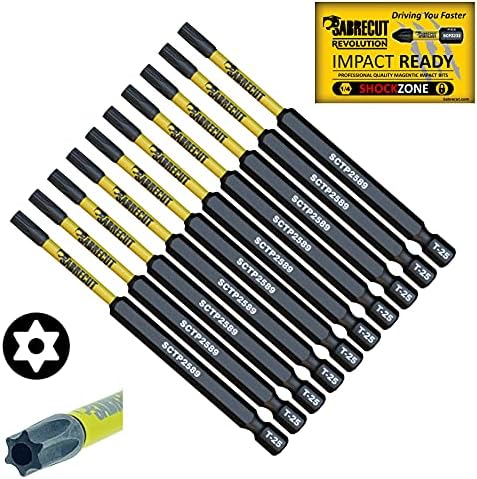 10 x SabreCut SCTP2589_10 89mm T25 TX25 Torx Tamper Proof Security Magnetic Impact Screwdriver Driver Bits Set Heavy Duty Compatible with Dewalt Milwaukee Bosch Makita and More