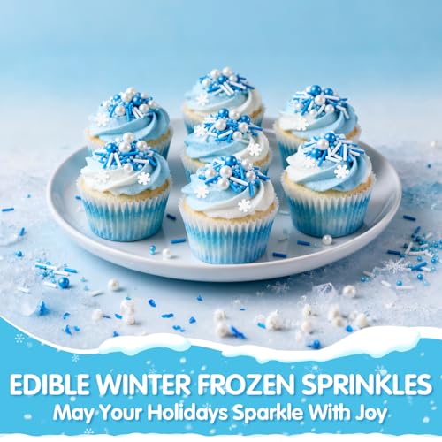 Image of Edible White Snowflake Sprinkles,Blue White Nonpareils Pearls Jimmies Mix Sugar Sprinkle,130g,light Blue Sprinkle Snow Candy for Cake Decorating,Holiday Cake Decorations,Dessert,Cupcakes,Donuts,Cookies,Ice cream Toppers,Birthday Party,Winter Frozen Baking Decorating