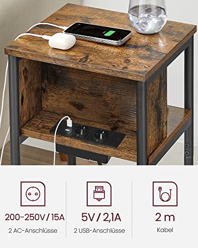 VASAGLE Beistelltisch, Nachttisch mit Steckdose, schmal, 2 AC-Anschlüsse, 2 USB-Anschlüsse, 30 x 34 x 58 cm, für Wohnzimmer, Schlafzimmer, vintagebraun-schwarz LET375B01