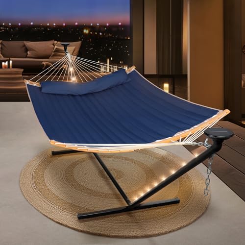 Image of SUNCREAT Outdoor Hammock with 12 ft Stand, Solar Powered Lights, Dark Blue
