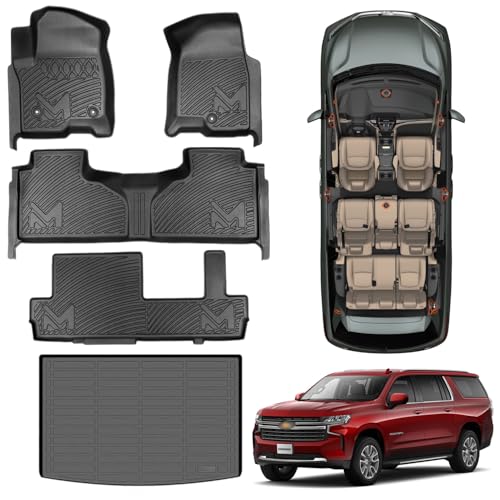 TPE Automotive Floor Mats & Cargo Liner Custom for 2021-2025 Chevy Suburban 8 Seats All Weather Cover Protection Waterproof Black Liner Front & Rear Row Full Set Car Mats for 21-25 GMC Yukon XL 5PCS