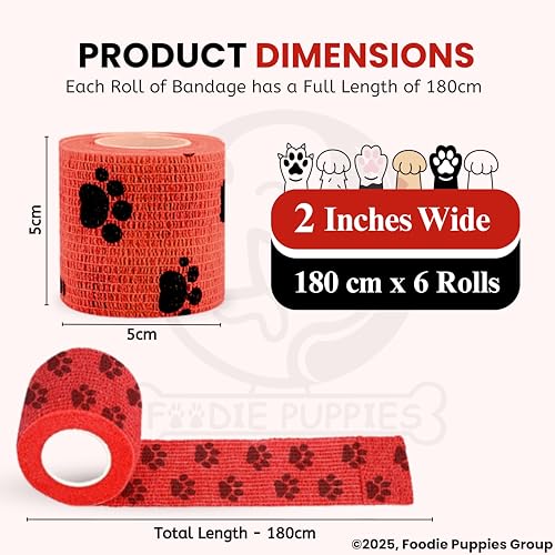 Image of Foodie Puppies 2-Inch Self-Adhesive Kinesiology Pet Bandages - (6 Rolls, Small, 1.8M Each) | Waterproof, Elastic, Breathable Wrap for Dogs, Cats, and Humans | Wound Care, First Aid, Injury Recovery