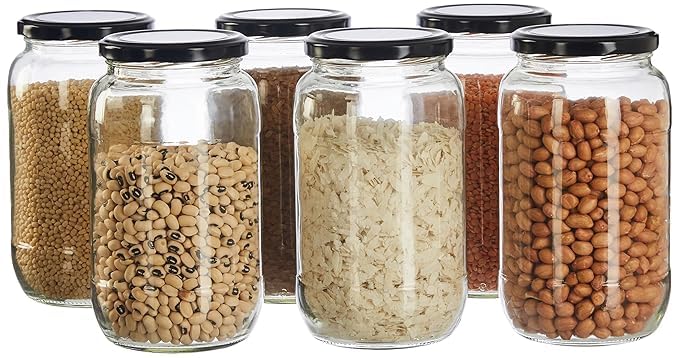 Image of Glass Jar Containers Set of 6 for Kitchen Storage - 1000 ml (1 kg) Each - Airtight Black Lids, BPA-Free, Food Safe - Pantry Storage Jars for Dry Food, Sugar, Snacks & Spices (6)