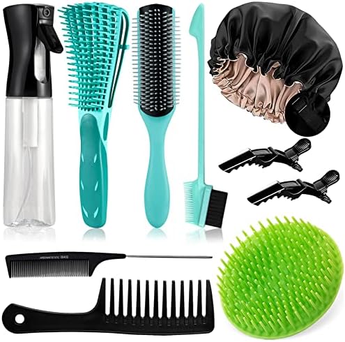 10PCS Detangling Brush Set, Detangling Brush and Comb for Black Natural Hair, Curly Hair Brush Set with Spray Bottle & Sleep Bonnet, Easier and Faster Detangling on Wash Days