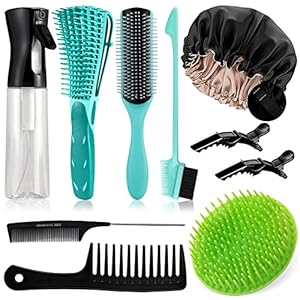 10PCS Detangling Brush Set, Detangling Brush and Comb for Black Natural Hair, Curly Hair Brush Set with Spray Bottle & Sleep Bonnet, Easier and Faster Detangling on Wash Days