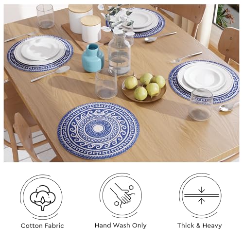 Image of Dining Table Mats Set of 2 | Cotton Table Mat 32 cm Diameter, Encasa XO Washable Round Table Mats, Heat Resistance Dining Table Placemats, Handmade Ribbed Style for Centre Table, Blue Mandala Print