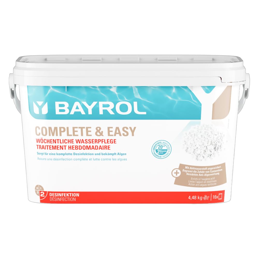 BAYROL Complete & Easy 4,48 kg - Granulés à Base de Chlore - Entretien hebdomadaire Complet et Facile de la Piscine - Désinfection et Lutte Contre Les algues - 16 sachets Doubles prédosés
