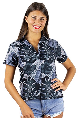 Funky Hawaiian Shirt Blouse, Shortsleeve, Green Leaves Purple Flower, Black, M