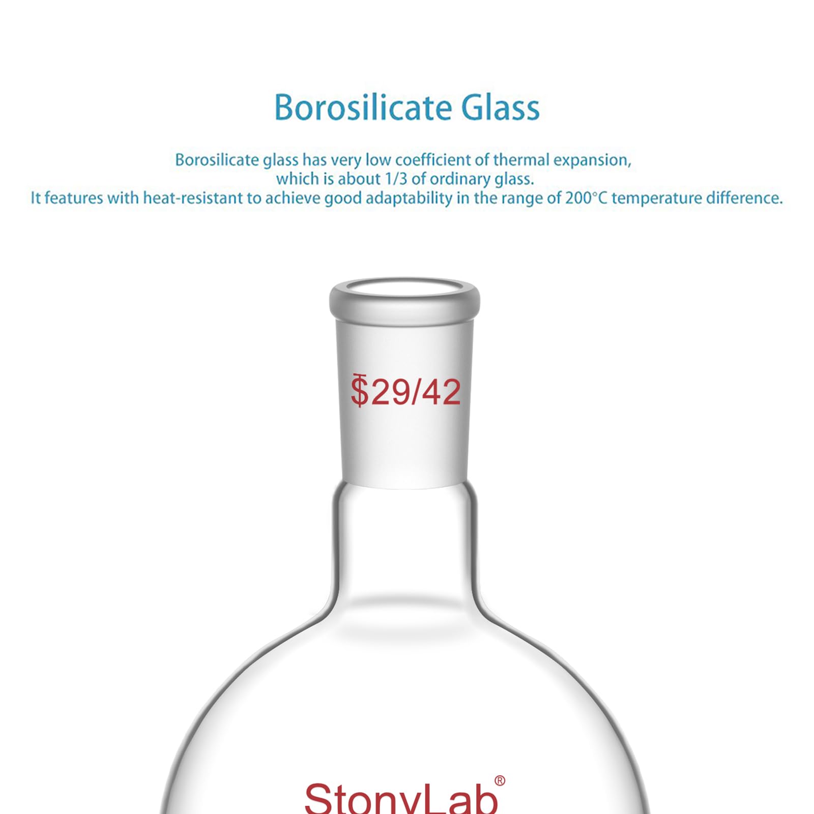 stonylab Verre Ballon à Fond Plat avec col Unique, Single Neck Flat Bottom Boiling Flask Ballon D'ébullition avec Joint Extérieur Standard 29/42, 1000 ml