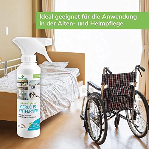 HOMEDICA Geruchsentferner Spray 250ml - Vegan & Made in Germany - Mikrobiologischer Enzymreiniger für Textilien, Polstern & Tierfellen - gegen unangenehme Gerüche