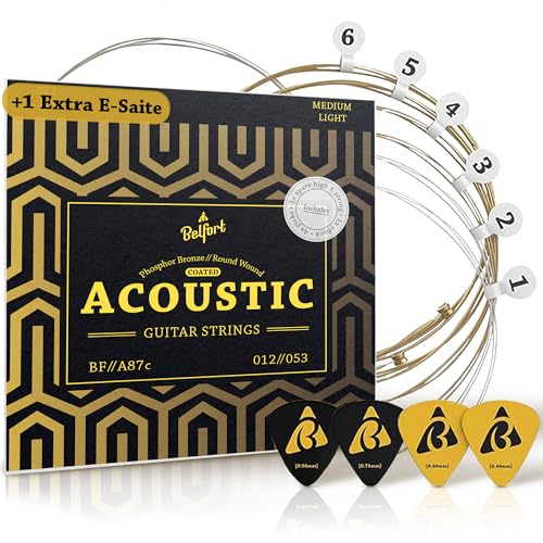 BELFORT® Beschichtete Premium Gitarrensaiten für Westerngitarre – 2x langlebiger & rostfrei | Phosphor-Bronze Acoustic Guitar Strings (6er Set) inkl. Bonus E-Saite + 4 Plektren (Saiten Akustikgitarre)