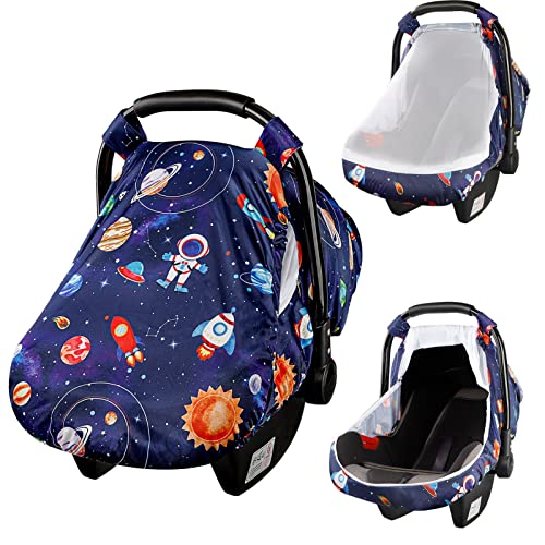 Image of SWESEN Car Seat Covers for Babies, Carseat Cover Boy with Zipper, Cozy Sun & Summer Cover, Infant Car Seat Canopy, Carseat Privacy Cover with 2 Layers, Space Planet