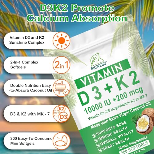 RIOWEGO Vitamin D3 + K2 w/Coconut Oil,Vegan Vitamin D 10000IU & Mk7 Vitamin K 200 mcg for Bone, Immune & Heart Support | Easy to Swallow-Non-GMO-300 Softgels — view 3