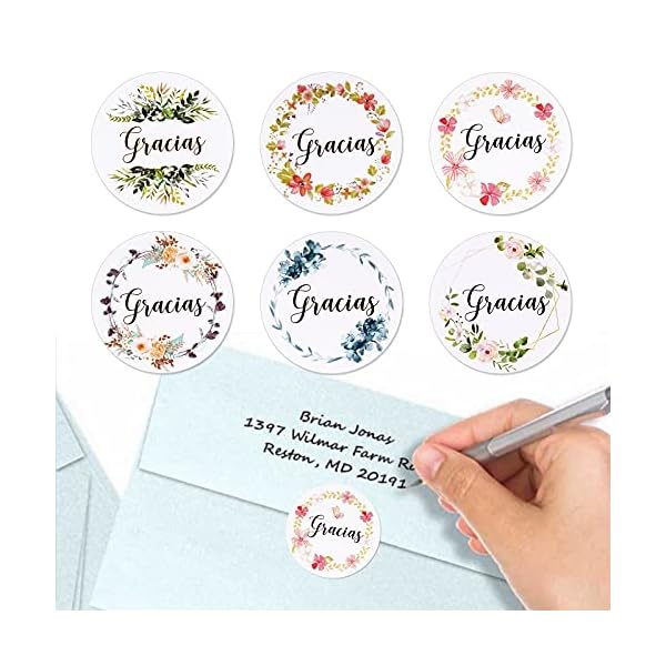 BETESSIN 500pcs 4cm Pegatinas Gracias Español Pegatinas Agradecimiento de 6 Patrones Florales Etiquetas Adhesivas Fiesta… - Imagen 6
