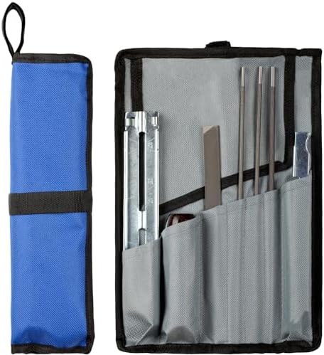 Chainsaw Sharpening File Kit, Chainsaw Chain Sharpener - 8 Packs - 3 Round Files(5/32-Inch, 3/16-Inch, 7/32-Inch), Flat File, Depth Gauge Tool, Filing Guide, Wood Handle, Travel Pouch