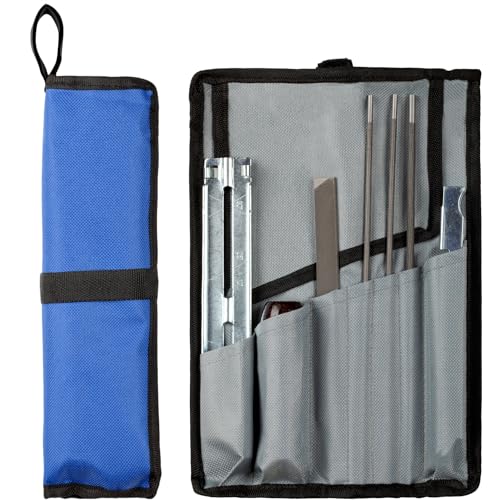 Chainsaw Sharpening File Kit Chainsaw Chain Sharpener - 8 Packs - 3 Round Files(5/32-Inch 3/16-Inch 7/32-Inch) Flat File Depth Gauge Tool Filing Guide Wood Handle Travel Pouch