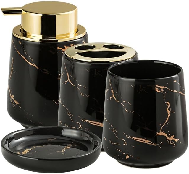 YYW Juego de accesorios de baño de cerámica, dispensador de jabón de mármol, dispensador de loción de mano, soporte para cepillos de dientes, vasos,