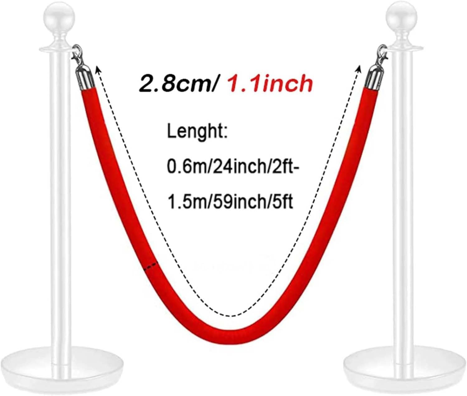 Premium Velvet Rope with Polished Hooks - Red Stanchion Rope with Silver Clasps for Queue Line Barrier & Crowd Control - Ideal for Grand Openings & Events - 1.0m Length