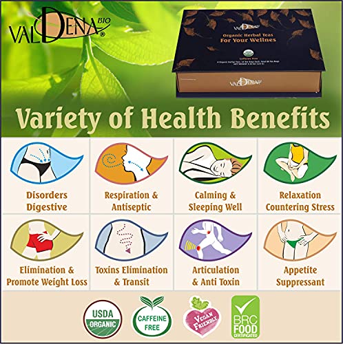 Valdena Bio Organic Herbal Tea Variety Pack, Tea Sampler Gift Set Box, 8 Flavors Assorted Tea, Total Of 64 Tea Bags, Caffeine Free Tea Set, Collection Of Unique Teas With Variety Of Health Benefits #TOP3