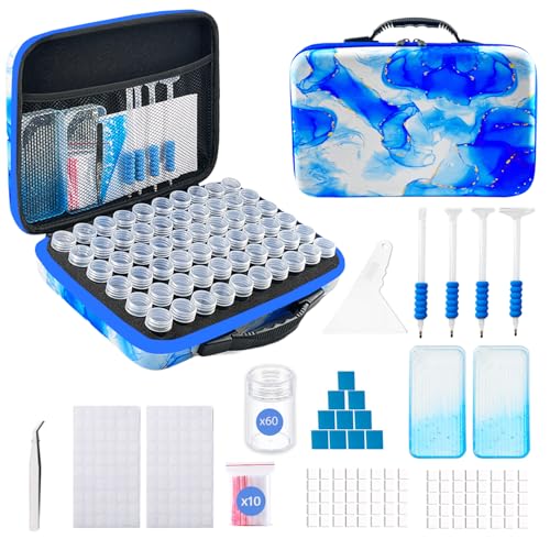 SuSentak Diamond Art Storage Containers with Dot Drill Tools,60 Slots Bead Organizer Case for 5D DIY Art Kits, Portable Craft Box for Diamond Painting Accessories (Blue)