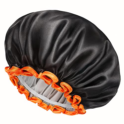 Mikimini Extra Large Black Shower Cap For Women And Men Thick Long Hair Braids, Reusable Waterproof Double Layers Xl Bathing Hair Caps With Vibrant Orange Edge (Black) #TOP7