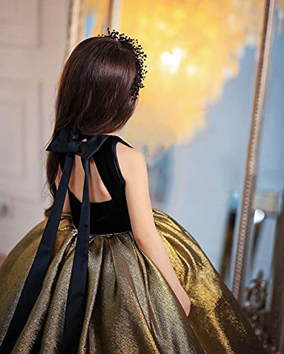 Black Flower Girl Dress Gold Sequin Girl Pageant Ball Gown Sleeveless Prom Dress for Girls 10-123