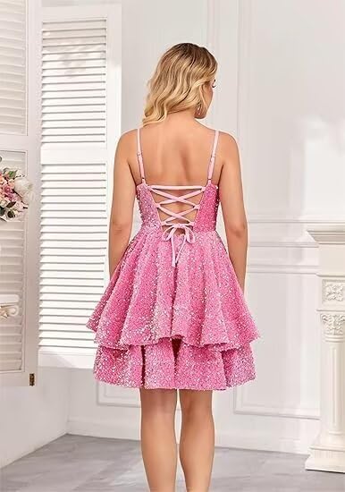 Sparkly Sequin Homecoming Short Tiered Dresses for Teens V Neck Hot Pink Spaghetti Straps Party Gowns Dress4