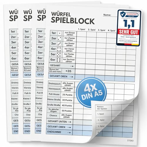 STOKU 4 x DIN A5 Würfelspiel Block - beidseitig Bedruckt mit Spielstand - extra große Schrift für Senioren und Kinder - 4-er Set - je 60 Blatt