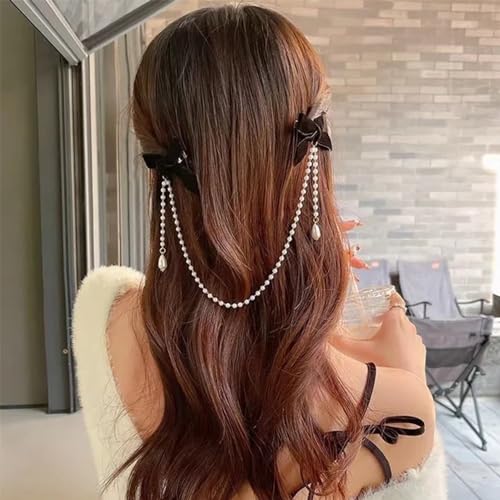 Small Hair Bow Clips for Women Girls Bowknot Hair Barrettes Black Pearl Bow Hair Clip Velvet Bow Hair Accessories Bow Decor Hair Clip Decorative Hair Clips for Styling Thin Hair Bow Chain Hair Clips