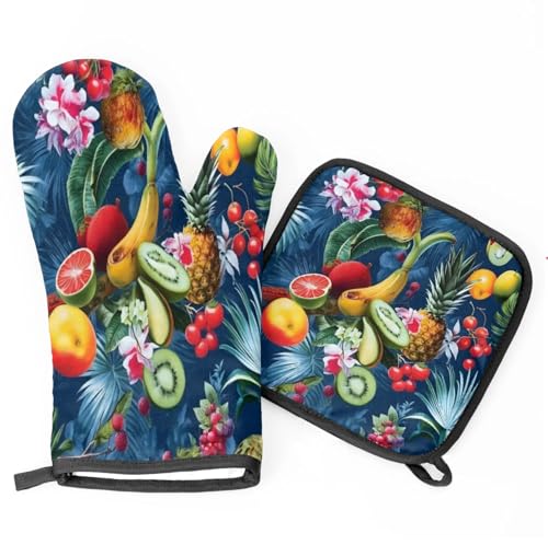 Banana Kiwi Pineapple Oven Mitts Kitchen Oven Gloves for Cooking Baking Heat Proof Lining Cotton Kitchen Potholder Mittens Pot Holders Hot Pads for Chef Women Men