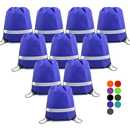 Drawstring Backpack Bags Reflective Bulk Pack, Promotional Sport Gym Sack Cinch Bags (10 Royal)