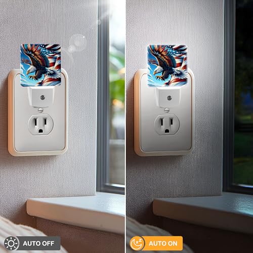 Image of LED Night Light Lamp with Smart Sensor Dusk to Dawn Sensor,Bald Eagle Soar American Flag Detailed Feathers Majestic and Powerful Clear Blue Sky Night Light Daylight White,0.5W Plug-into Wall