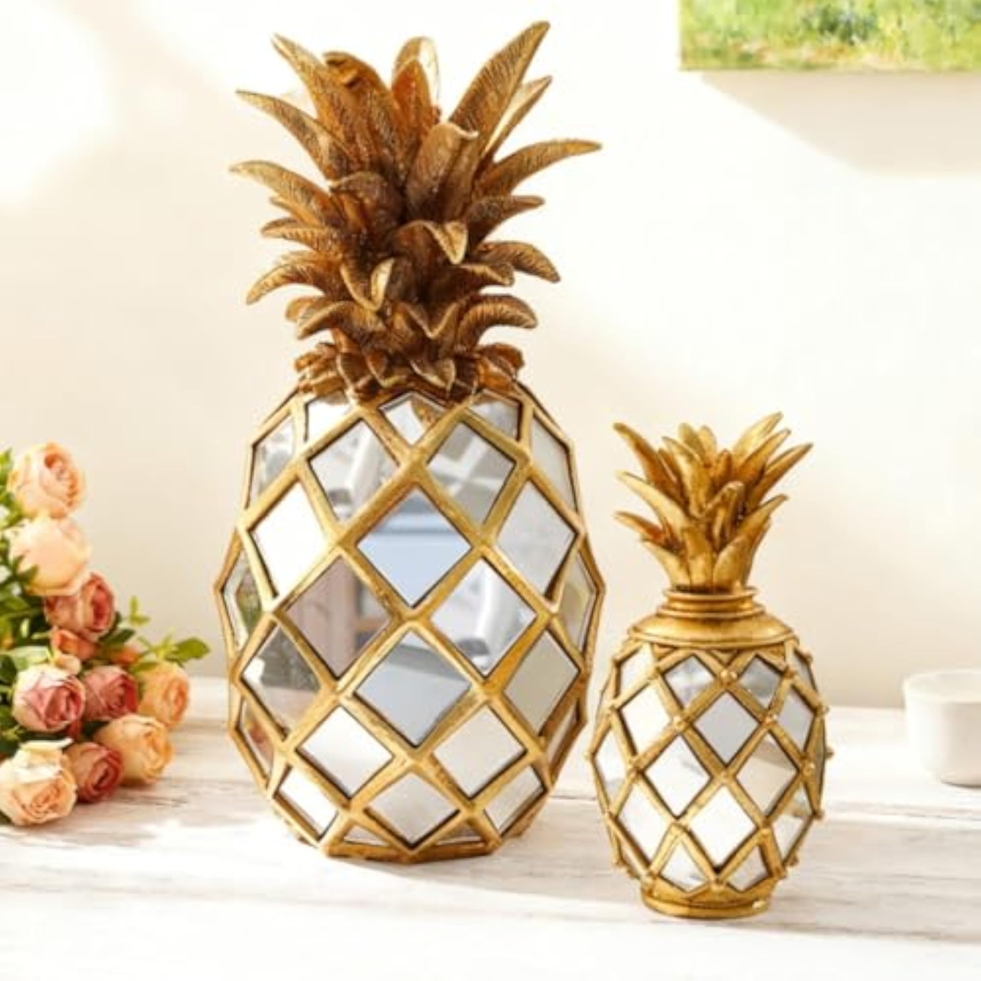 Diamond-Lattice Mirrored Pineapple Ornament, Decorative Home Decor