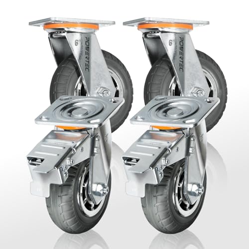 POWERTEC 6" Heavy Duty Caster Wheels Set of 4-2 with Dual Locking Brakes - All Terrain Non-Pneumatic Tire