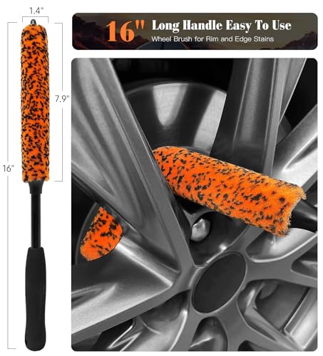 YeewayVeh Car Wheel Brush Kit, 3 Pack Long Handle Wheel Cleaning Brush and Detailing Brush, Scratch-Free Wheel Cleaner Brushes for Vehicle Motorcycle Rim Fenders Engine Exhaust Tips, Orange - Thumbnail 3